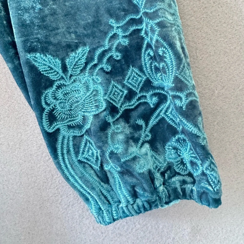 Johnny Was Crushed Velvet Peasant Blouse Teal Embroidered Boho Top Size S Tassel - Picture 5 of 9